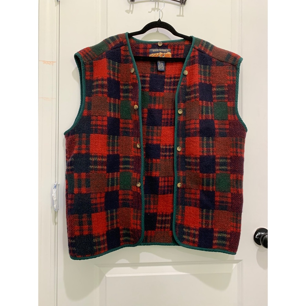 High Sierra Vintage Plaid Vest Mens Medium Red Green Wool Blend Lining Button Up